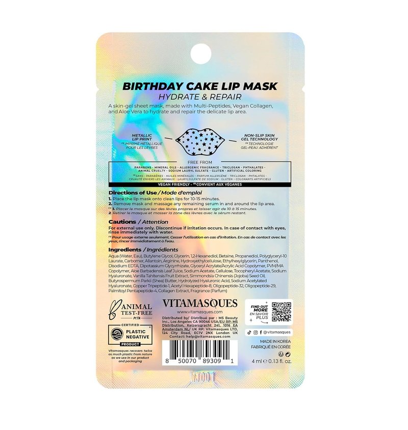 Vitamasques Lip Mask - Birthday Cake Collagen Sheets for Dry & Chapped Lips | Nourishing & Hydrating 3-Pack