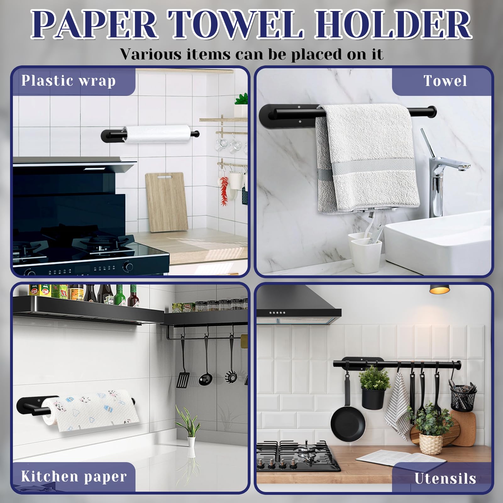 Paper Towel Holder, Self Adhesive or Drilling Paper Towel Holder Under Cabinet, Stainless Steel Black Paper Towel Holders Wall Mount for Kitchen, Bathroom, Sink, Pantry, Fridge