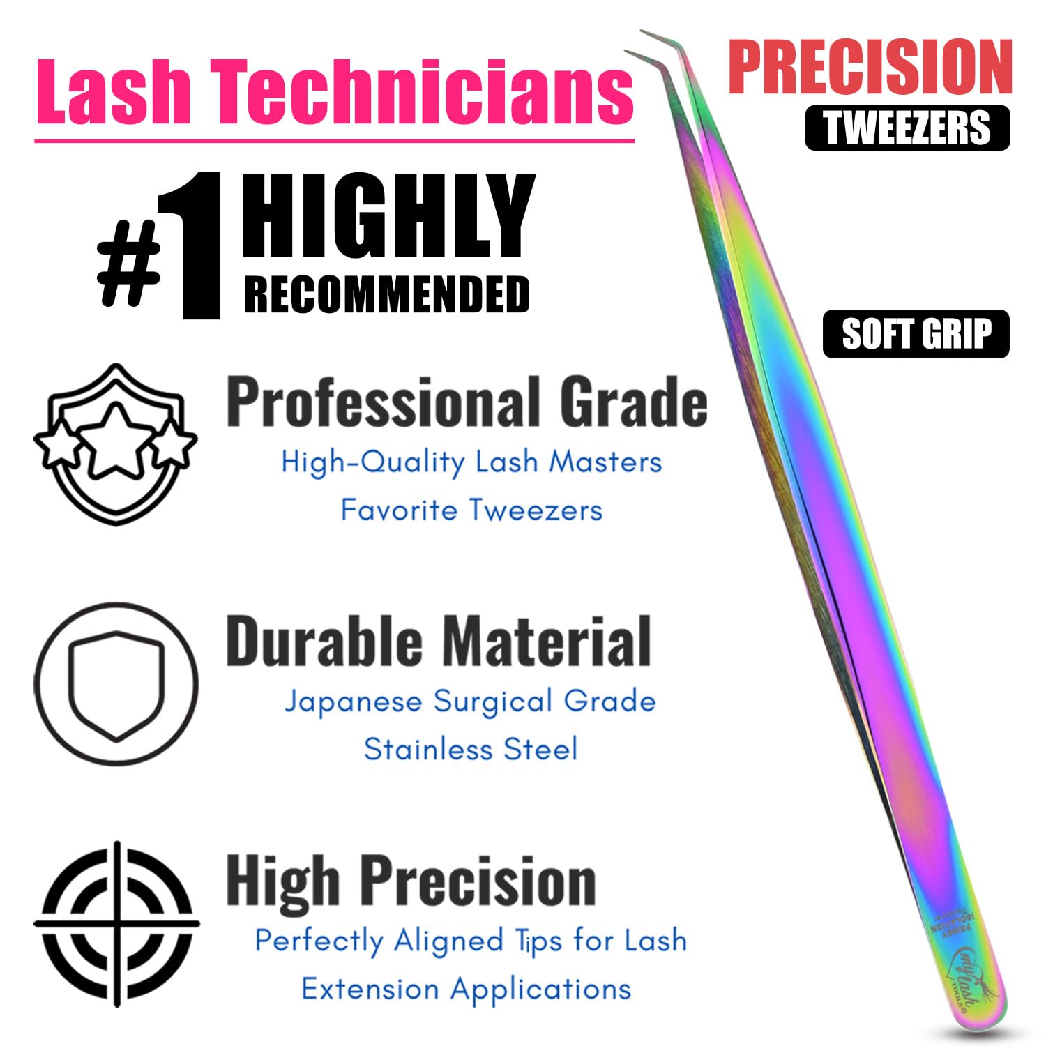 My Lash Tools Eyelash Extension Curved Degree Tweezers for Isolation Lash Extensions 14cm, Best for Individual Isolation & Classic Lashes Japanese Stainless Steel Eyelash Twisers (Rainbow 2)