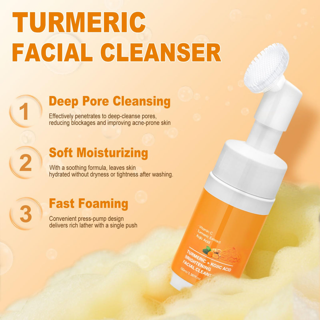 Amdele Turmeric Wash and Care Set, 4-Piece Turmeric Skincare Set:Turmeric Facial Wash with Brush,Cleansing Pad,Soap bar & Face Cream, Deep Cleansing for Face & Body