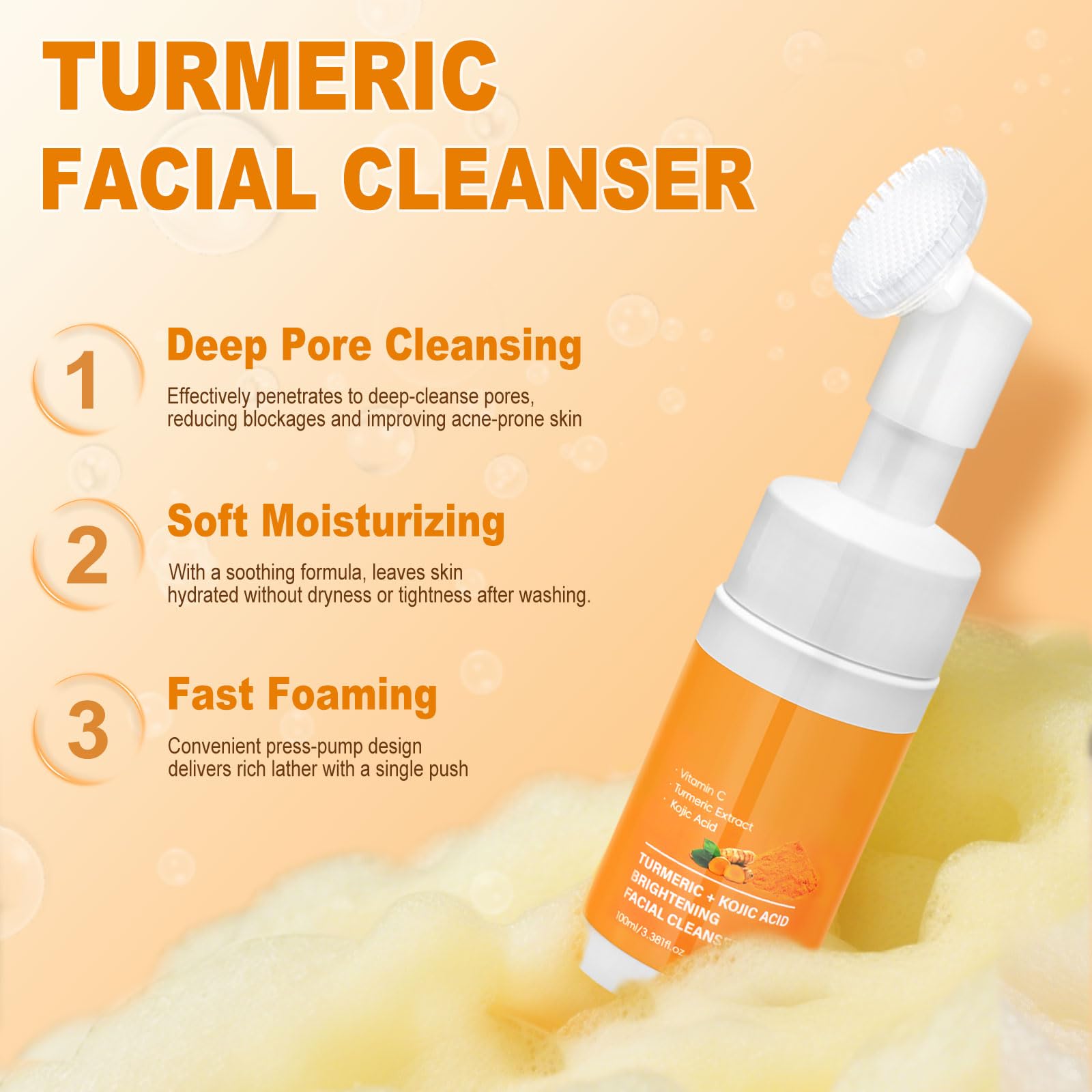 Amdele Turmeric Wash and Care Set, 4-Piece Turmeric Skincare Set:Turmeric Facial Wash with Brush,Cleansing Pad,Soap bar & Face Cream, Deep Cleansing for Face & Body