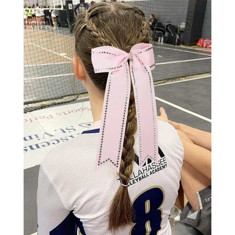 DEEKA Long Tail Rhinestones Cheer Bows 12 PCS Collegiate Style Cheer Bows Full Rhinestone Skinny Cheer Bow Ponytail Holder Handmade Bows for Girls Teens Cheerleader Sports (Light Pink)