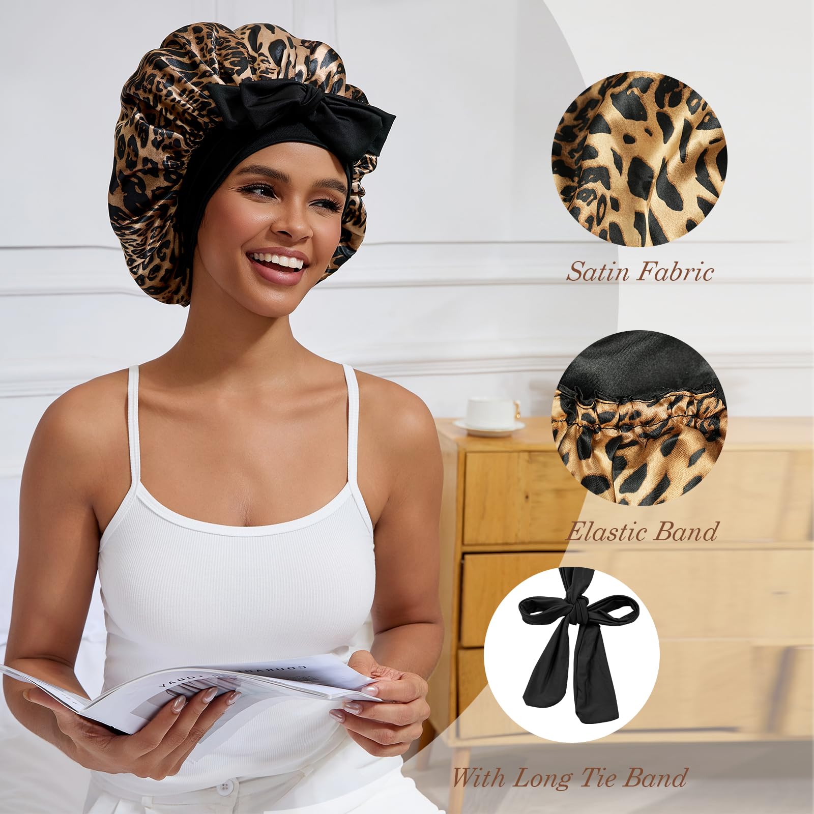 YOHTAS Satin Hair Bonnet for Sleeping Women, Double Layer Silk Bonnets for Women with Tie Band, for Braids Curly Long Hair