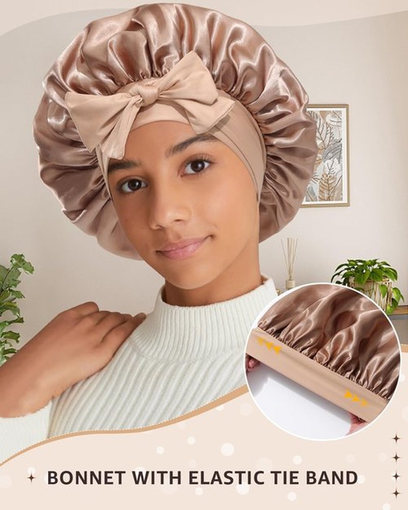 2PCS Satin Bonnets Silk Bonnet for Sleeping Women Curly Hair Bonnet with Tie Band Bonnets Sleep Cap (US, Numeric, 7, 7 3/8, Elastic Tie Band -Brown +Champagne)