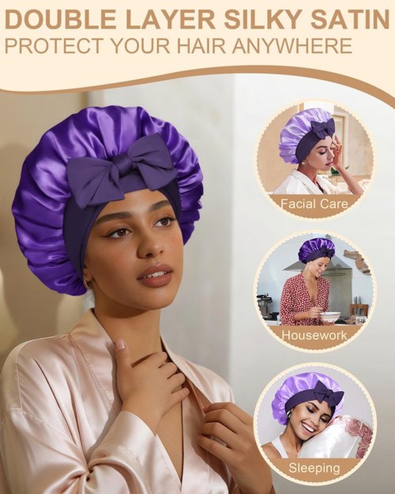 Satin Bonnet for Women Silk Bonnets for Sleeping Curly Hair Bonnet with Elastic Tie Band Reversible Double Layer Sleep Cap Hair Wrap (Purple)