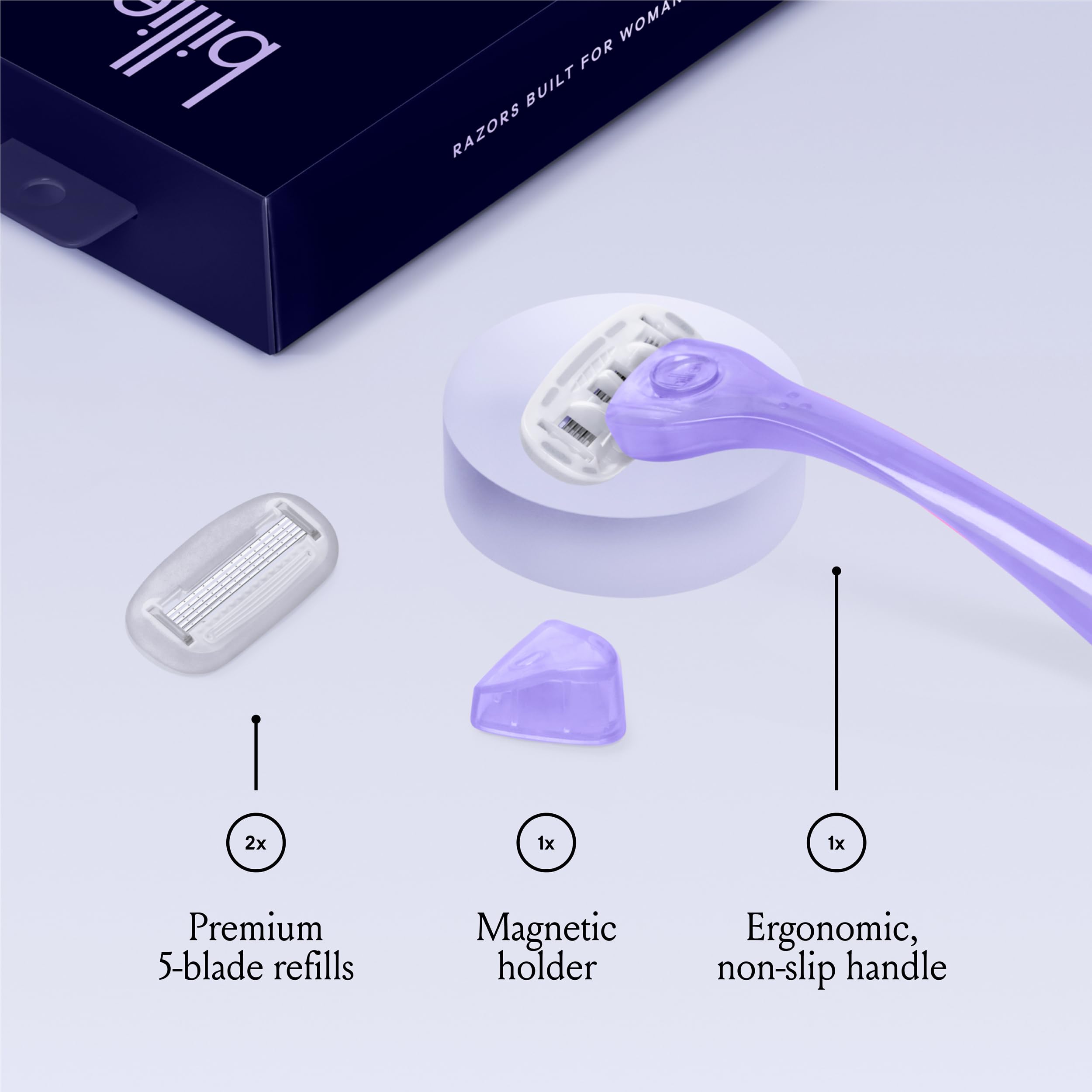 Billie Razors for Women Shave Kit – Women’s Razor + 2 x 5-Blade Razor Refills + Magnetic Holder – Moonbeam