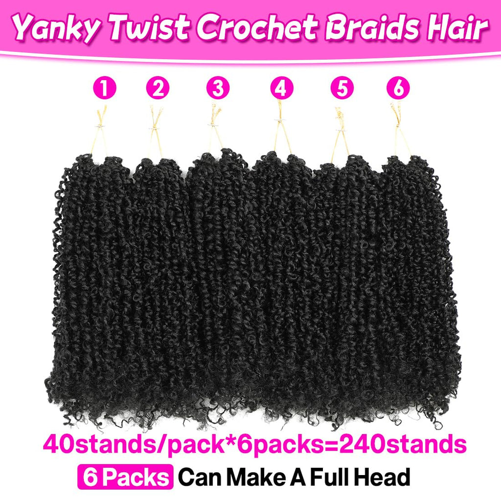 Youngther Yanky twist crochet hair 12 Inch 6Pack(40stands/Pack) Natural Black Pre-Twisted Fluffy Yankee Twist curly crochet hair for black women hair (1B)