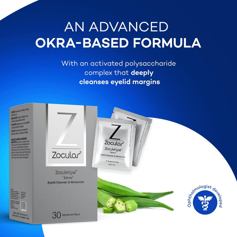 Zocular ZocuWipe Eyelid Cleansing Wipes with Natural Okra Complex – Gentle Daily Eyelid Cleanser & Moisturizing Pads – Makeup Remover & Eye Hygiene Wipes – 15 Count