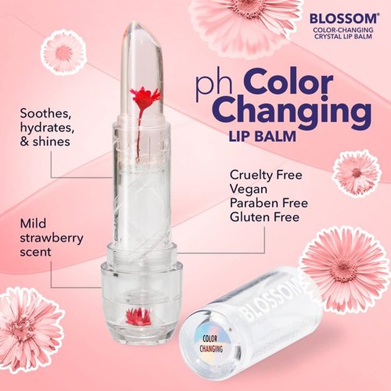 Blossom Moisturizing Scented pH Color Changing 2 pack, Strawberry Scented Crystal Lip Balm (Red), Shimmer Sparkle Lip Stain Tint (Blush), Infused with Real Flowers, 6g, Red/Blush