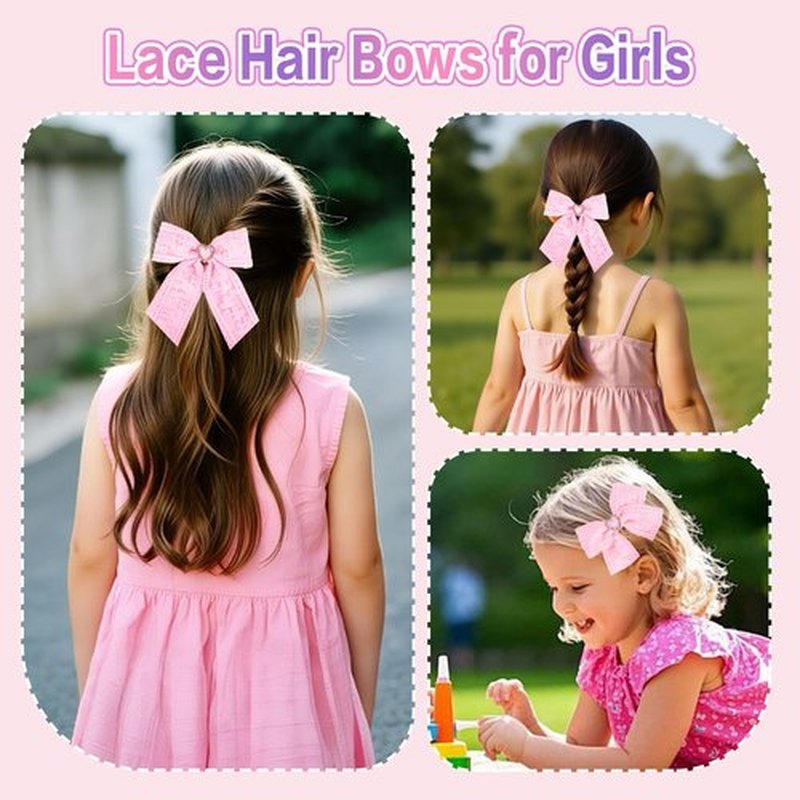 4 Pack Girls Hair Bow Clips - 2 Layer Lace & Grosgrain Hair Bows with Rhinestones | 3.5 Inch Non-Slip Alligator Clips Barrettes Hair Accessories for Braids, Pigtails, Weddings & Birthdays - Pink