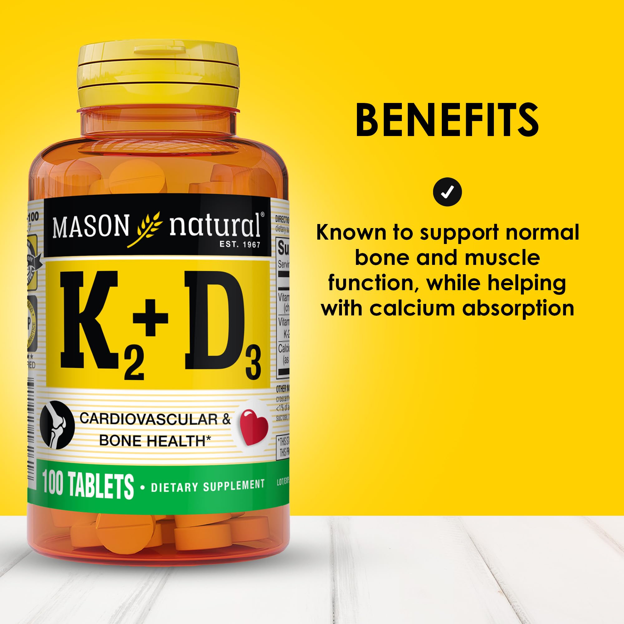 MASON NATURAL Vitamin K2 + D3, 100,Day Supply, with Calcium for Normal Bone and Muscle Support, Tablets