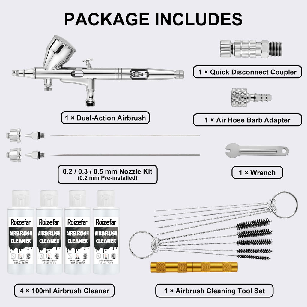 Roizefar Dual-Action Gravity Airbrush Gun with 4 Cleaner for Model Painting