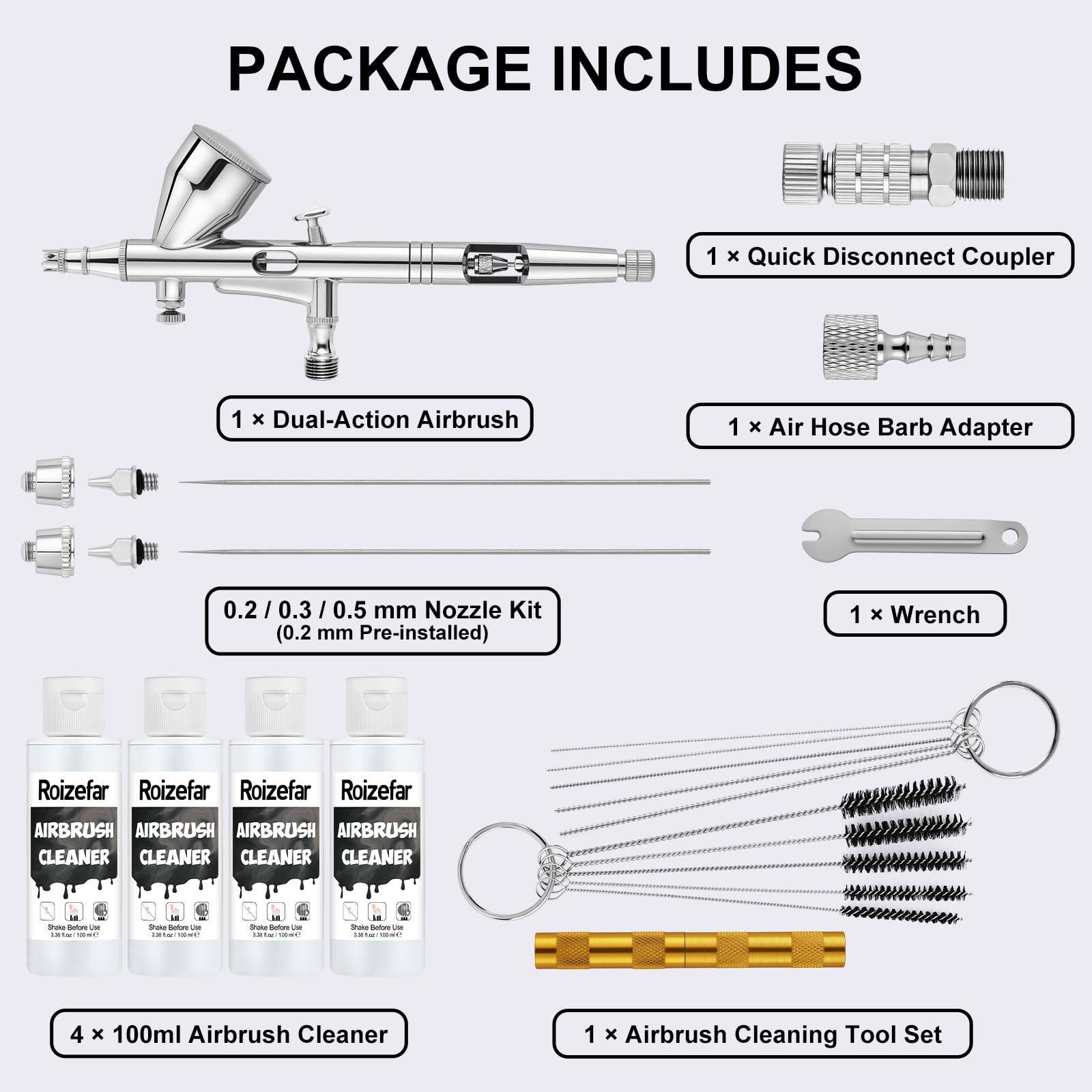 Roizefar Dual-Action Gravity Airbrush Gun with 4 Cleaner for Model Painting