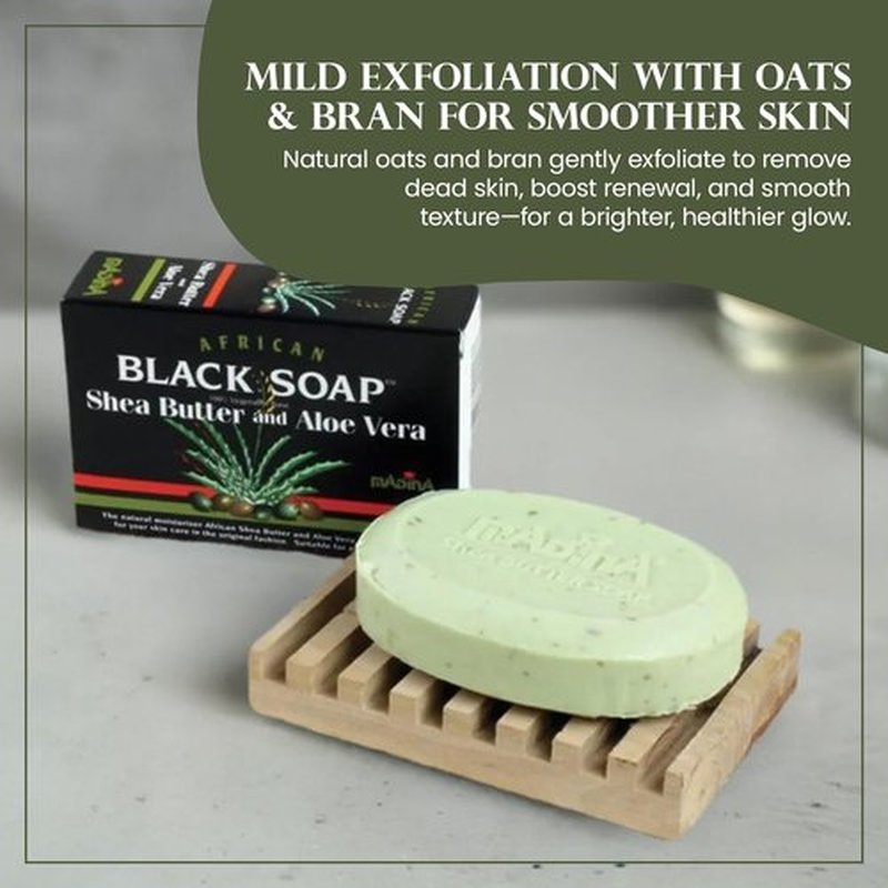 Madina African Black Soap Bar – Shea Butter, Aloe Vera, Moisturizing, Gentle Exfoliating, 100% Vegetable-Based, For All Skin Types, Face & Body Cleanser, 6 Pack (3.5 oz Each)