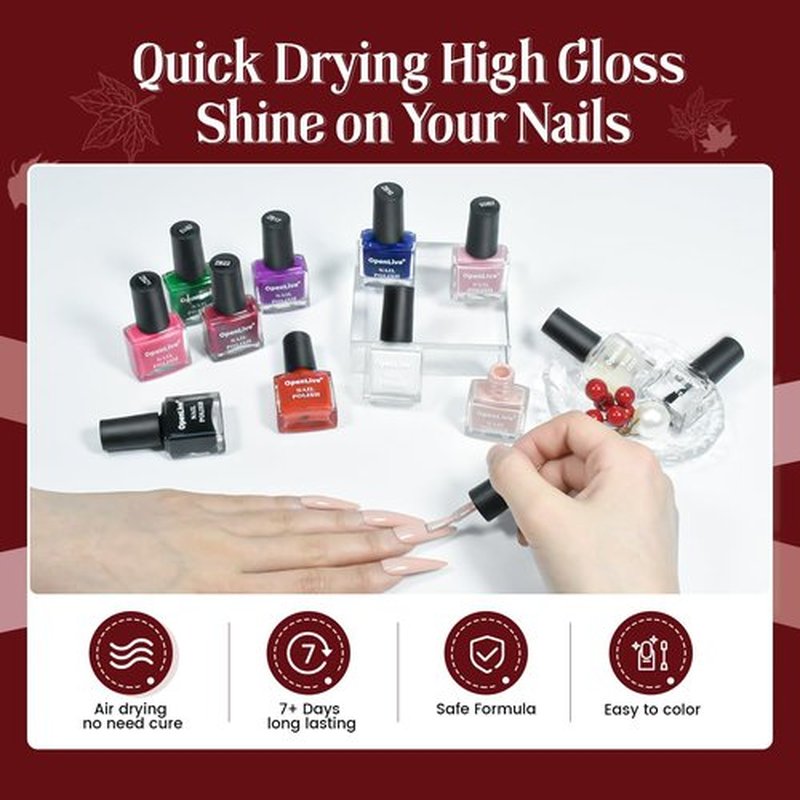 OpenLive 12 PCS Nail Polish Kit With 10 Colors As 2 PCS BASE And TOP Coat Green Blue Red Pink Collection Gifts for Women.