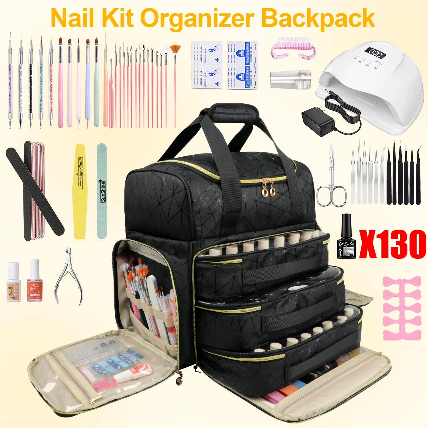 Veirdro Nail Polish Organizer Backpack Holds 130 Bottles (15ml/0.5fl.oz)& Nail Lamp, Extra Large Nail Kit Storage Bag with 3 Removable Carrying Cases, Nail Tech Supplies Organizer Case for Women Black