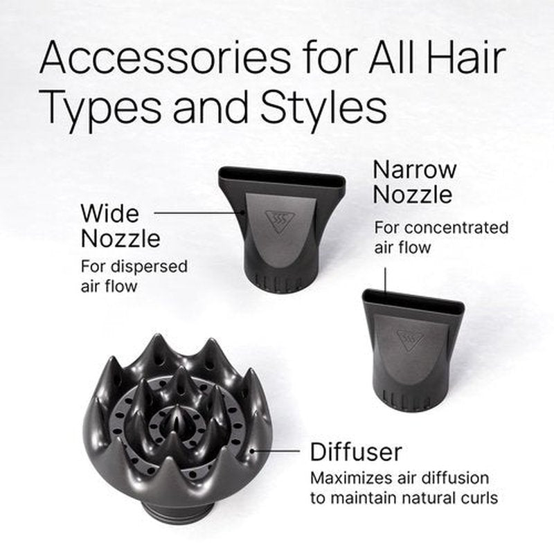 TREZORO Professional Hair Dryer with Diffuser, Ionic Ceramic Tourmaline Technology, 2000W Fast Quiet Drying, With Narrow & Wide Concentrator Nozzles, 3 Heat & 2 Speed Settings, Cool Shot Button, Black