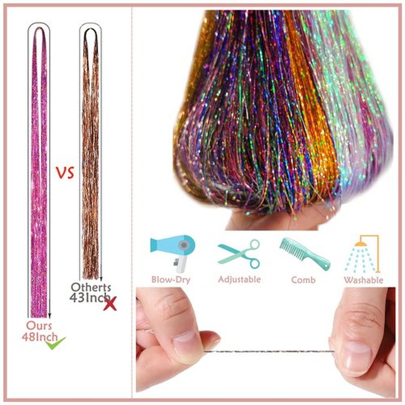 Hair Tinsel Kit (48 Inch, 18 Colors, 7200 Strands), Glitter Tinsel Hair Extensions with Tools - Fairy Hair Tinsel Heat Resistant Accessories for Women Girls Kids