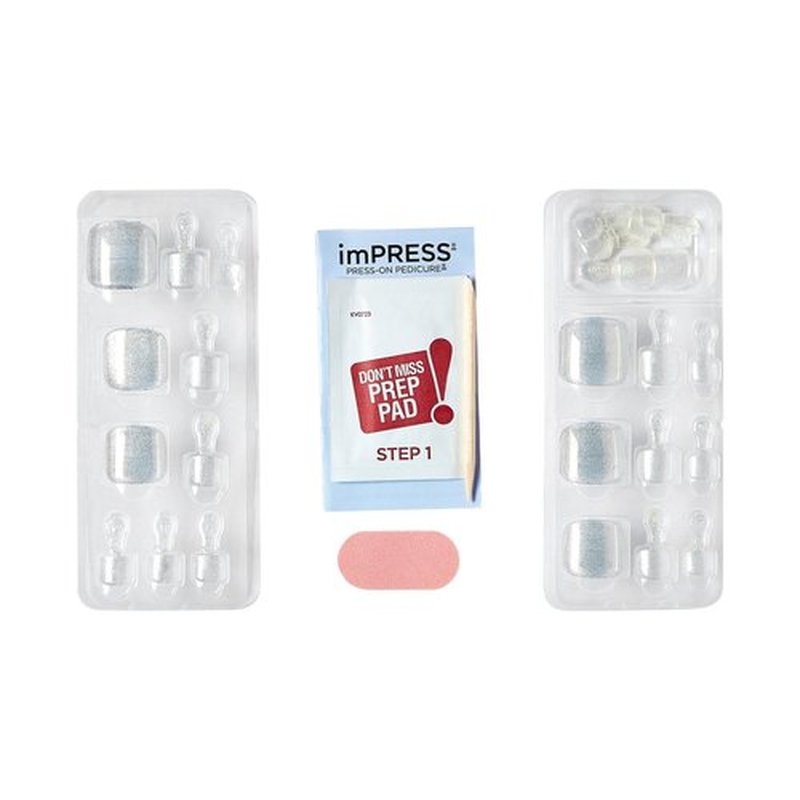 KISS Impress Premium No Glue Pedi Press-On Toenails, Sparkling White Silver, Silver Glitter, Squoval Shape, Includes 24 Nails, Prep Pad, 1 Manicure Stick, 1 Mini File
