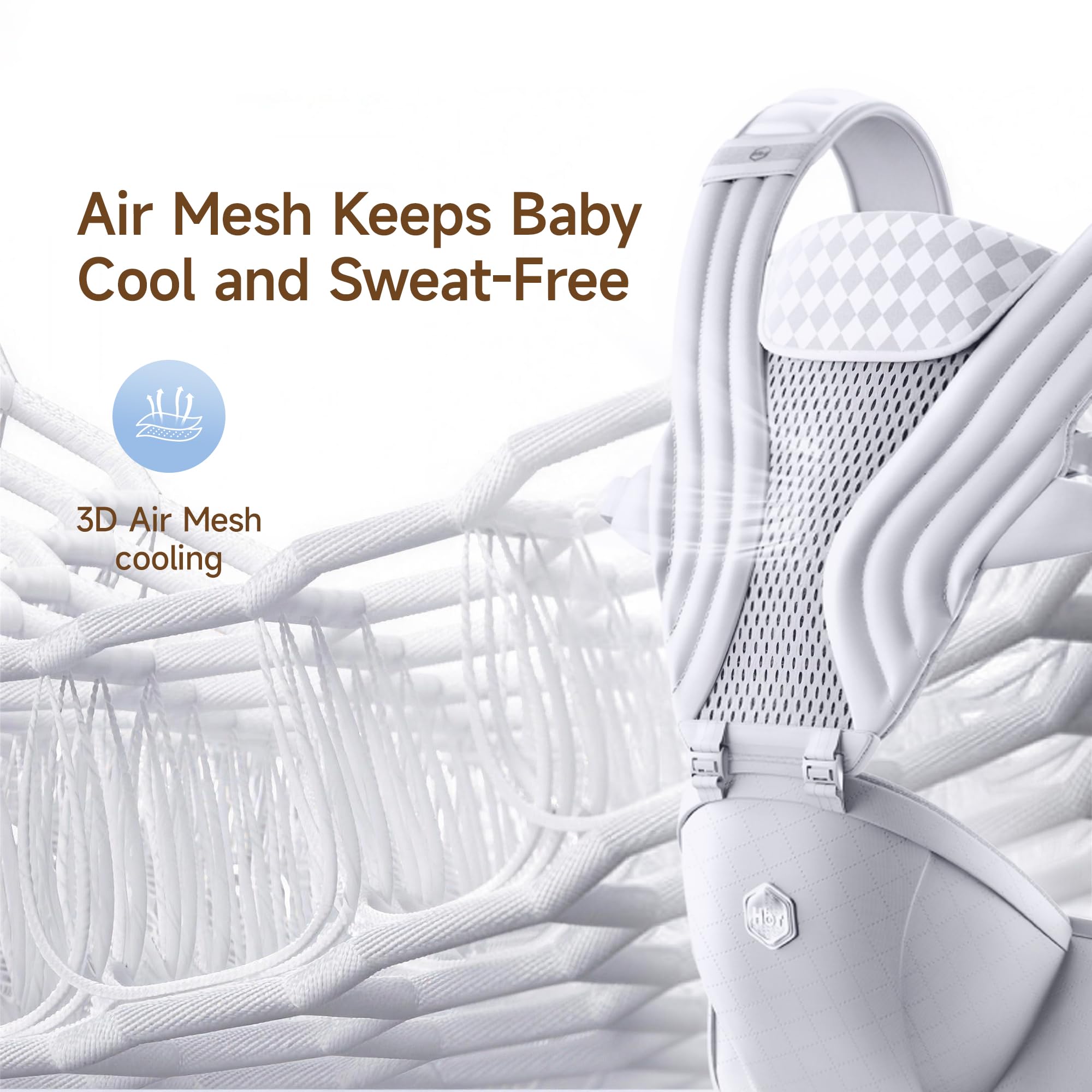 HBR Baby Carrier with Hip Seat, Non-Slip Seat, Air-Padded Shoulder Straps for Less Pressure, 6-in-1 Ergonomic Infant Carrier, Front-Facing, Hands-Free, Up to 45 lbs, 47 in, AirMesh Silver Mist White