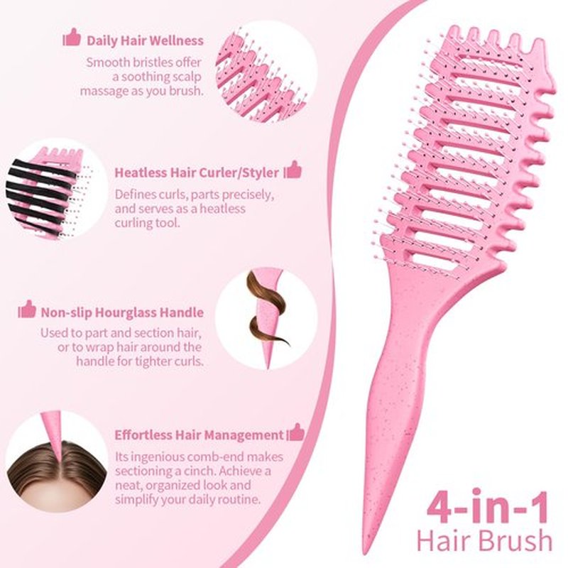 Curly Hair Brush for Women & Men, 4-in-1 Curl Defining & Detangling Brush – Anti-Frizz Anti-Static Styling Brushes with Crescent Shape & Ultra-Smooth Bristles, Wet Dry Hairbrush (Pink)