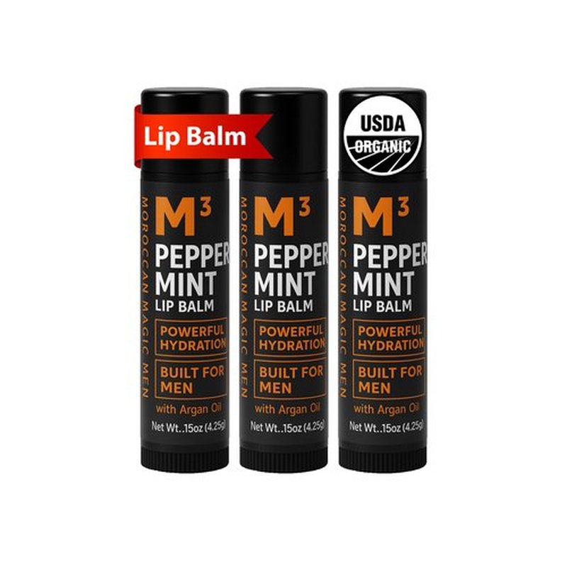 Moroccan Magic Men M3 Organic Peppermint Lip Balm 3 Pack | Ultra-Hydrating & Moisturizing | Natural Mint Lip Repair for Dry Lips | Non-Toxic | Organic Lip Balm for Men