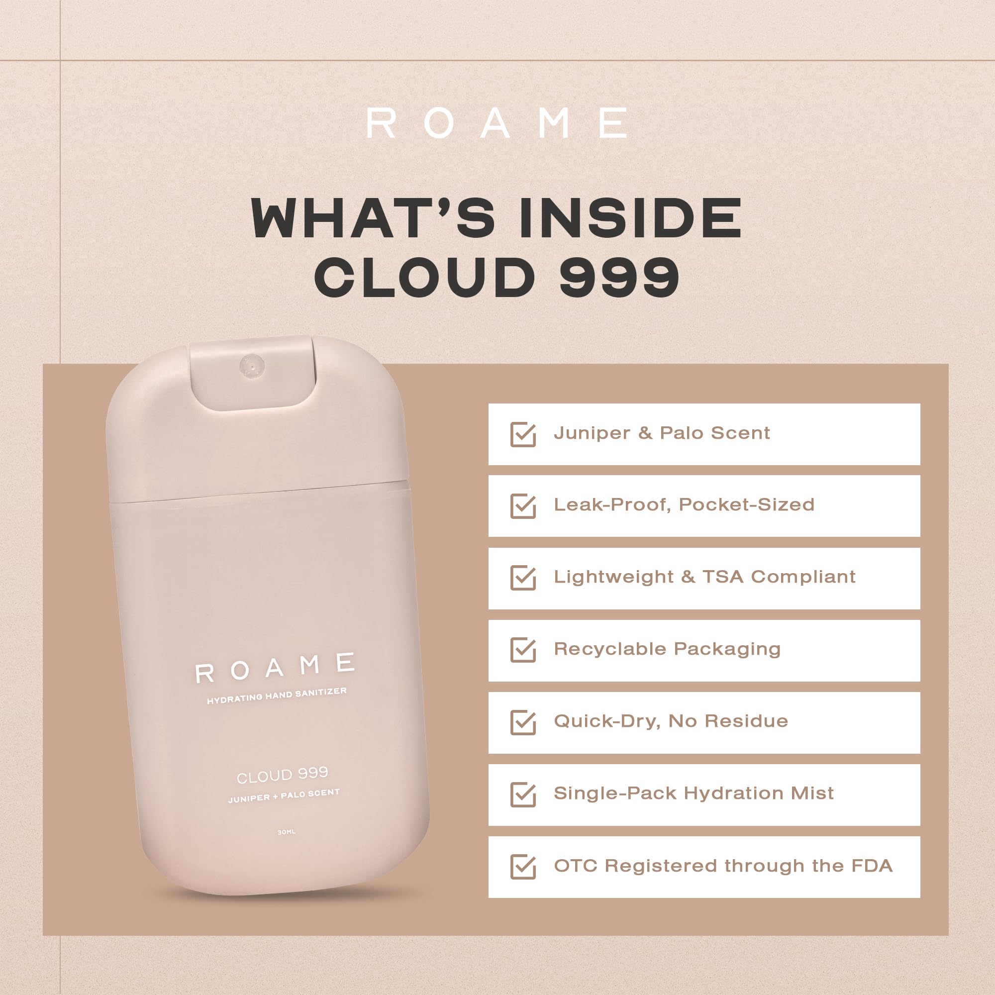 Roame Cloud 999 Hydrating Hand Sanitizer Spray, Portable Travel Size Hand Sanitizer, Moisturizing & Quick Drying Mist Formula, Juniper & Palo Santo Scent, Travel Essentials, TSA-Approved, 1 oz