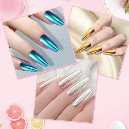 Chrome Nail Powder Kit - 4 Jar Mirror Effect Metallic Holographic Aurora Mermaid Pigment Chrome Powder for Nail Decoration, Nail Art, and Resin Crafts (0.8 g)