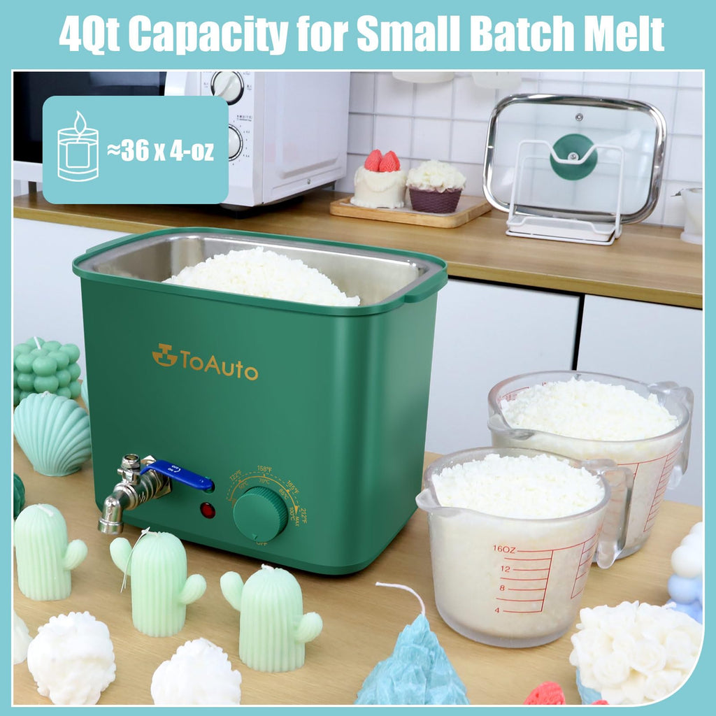 TOAUTO 8Lbs Green Wax Melter for Candle Making - DIY Electric Candle Wax Melting Pot with Quick Pour Valve & Temperature Controller for Candle Craft Maker Beginner AC 120V
