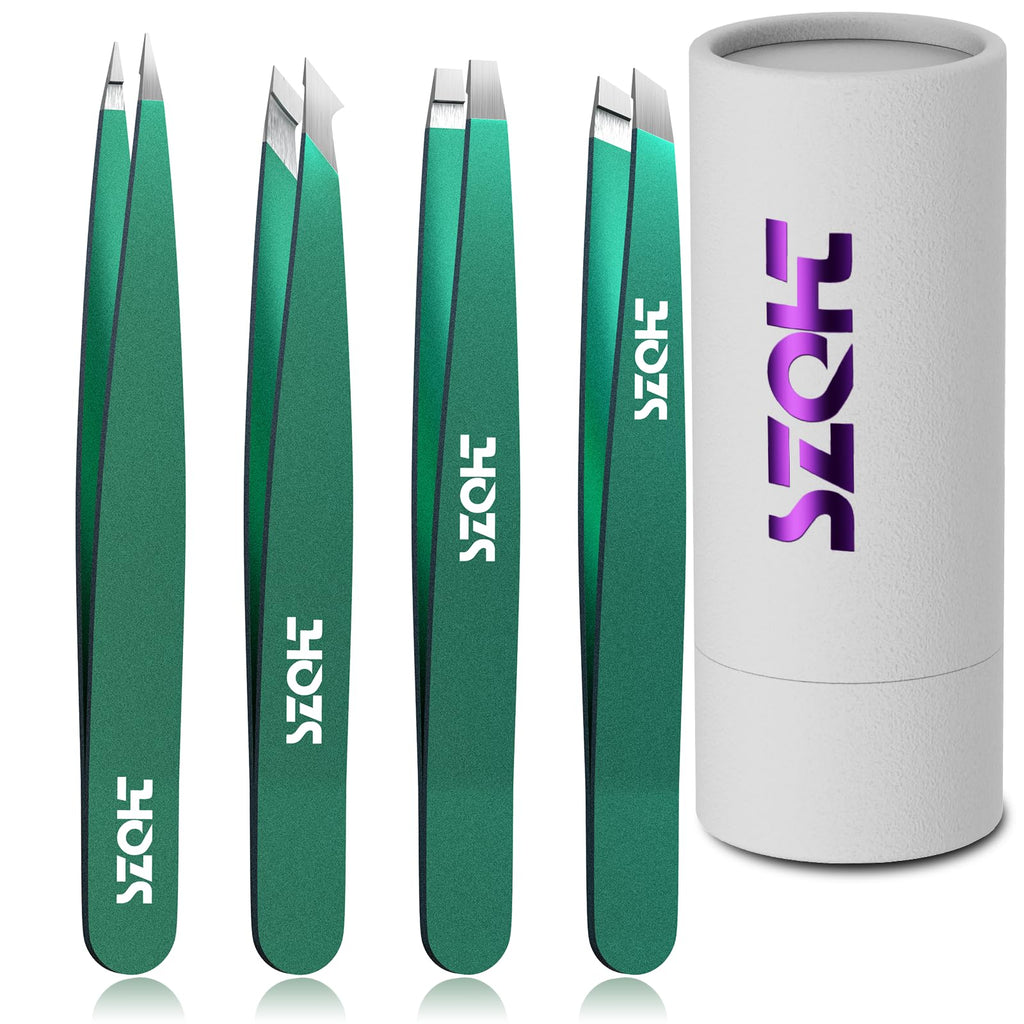 4-Piece Precision Tweezers Set - Stainless Steel Slant, Pointed, Flat & Angled Tips forEyebrow Shaping, Facial & Ingrown Hair Removal - Eco-Friendly Gift Packaging - Women& Men