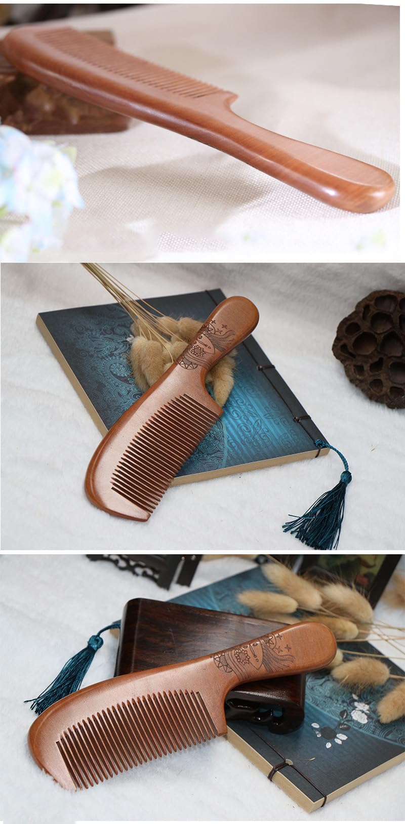 AKOAK 1 Pack Peach Comb, Wooden Fine Tooth Comb, Anti-static Hand Carved Pattern Pocket Size Travel Beard Comb, Hair Massage Tool Care Accessories, Suitable for Women, Men, Children
