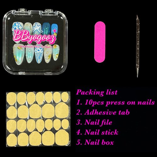 Ocean Theme Press On Nails, Medium Almond Shape, 3D Jellyfish Design with Pearls and Seashells, Summer Vacation False Nails (Blue Ocean, M)