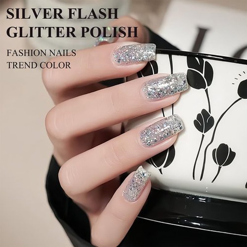 NovaCharm Glitter Nail Polish - Silver Nail Varnish Glitter - Diamond Flash Clear Nail Gel - Quick Dry Nail Polish Air Dry - Long Lasting Fingernail Polish Sparkle For Women Manicure DIY