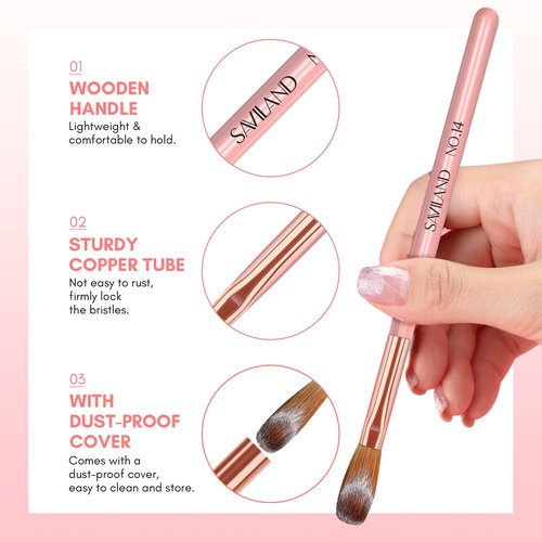 SAVILAND 3PCS Acrylic Nail Brush Set: Size 8/10/14 Kolinsky Acrylic Nail Brushes for Application, Pink Handle Professional Acrylics Powder Brushes for Nails Extension & 3D Nails Carving
