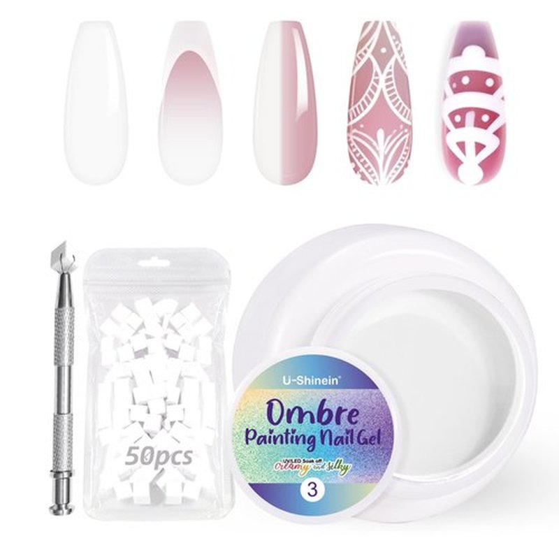 U-Shinein Ombre Gel Nail Polish Set,Colorful Painting Nail Gel with 50Pcs Nail Sponges & 4 Claws Metal Grabber for DIY Nail Art #03 White