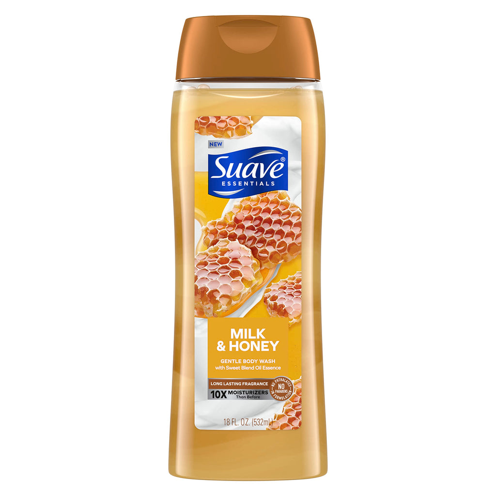 Suave Essentials Gentle Body Wash, With a Sweet Oil Blend Essence, Milk & Honey Infused with Vitamin E & Honey Extract 18 oz