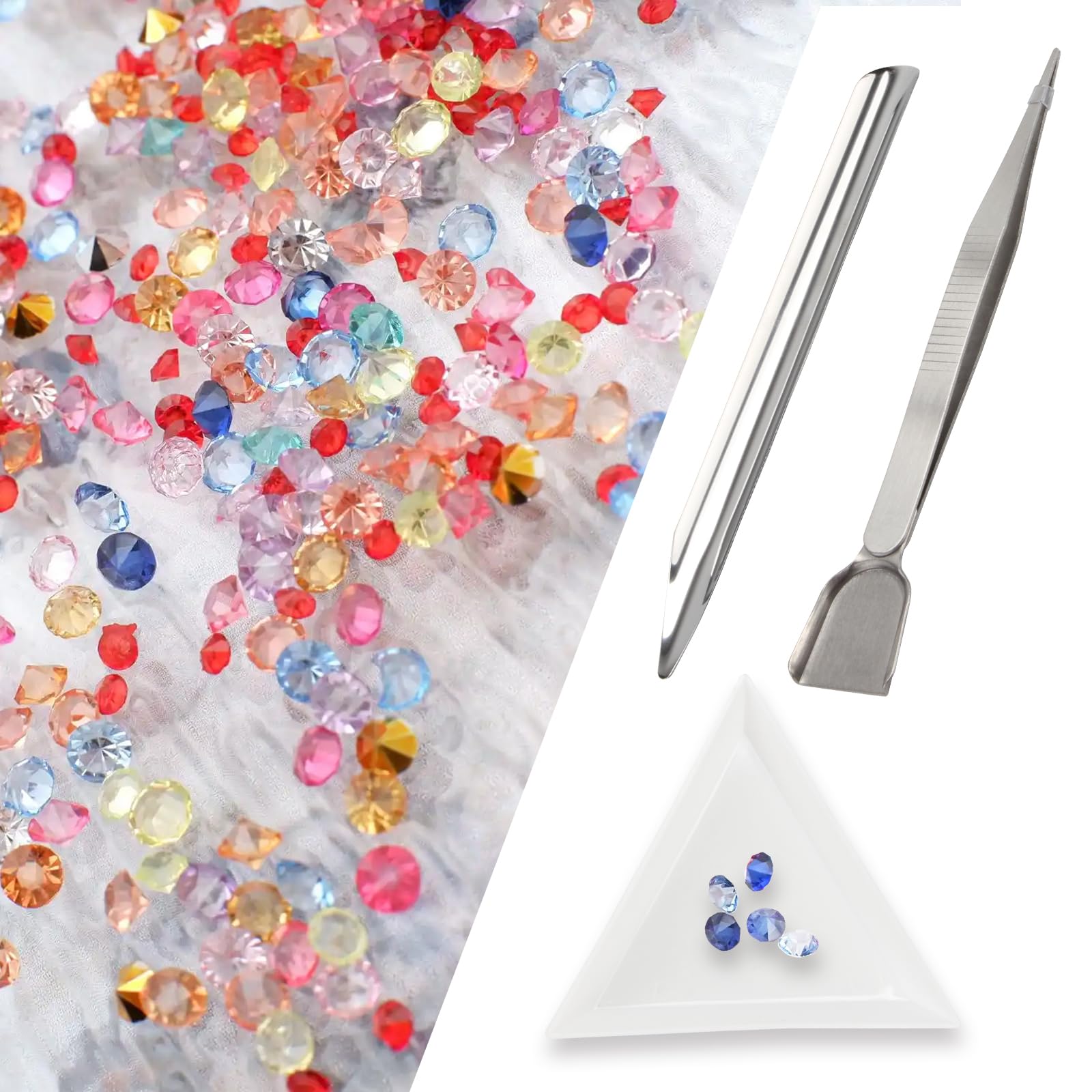 Kcgani 12 Pcs Craft Jewelry Bead Diamond Scoop Set, White Jewelry Shovel Set Triangle Sorting Trays and Silver Handy Tweezer with Scoop, Craft Beading Tweezers for Pearls Gemstones Tools Supplies