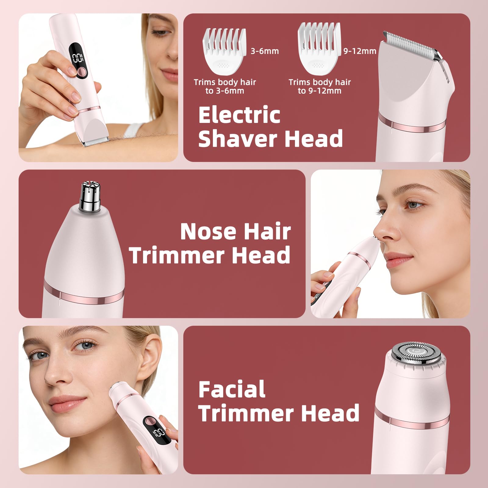 Bikini Trimmer for Women 3 in 1 Electric Shaver Razors Nose Hair Trimmer Waterproof Pubic Hair for Underarm Leg Arm Body (Pink)
