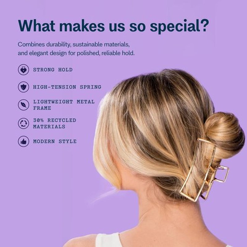 Gimme Beauty Gold Rush Claw Clip - Metal, Rectangle Clip for Long, Thick & Curly Hair - Features Gripped Tips for Firm, All-Day Hold - Comfortable & Fashionable