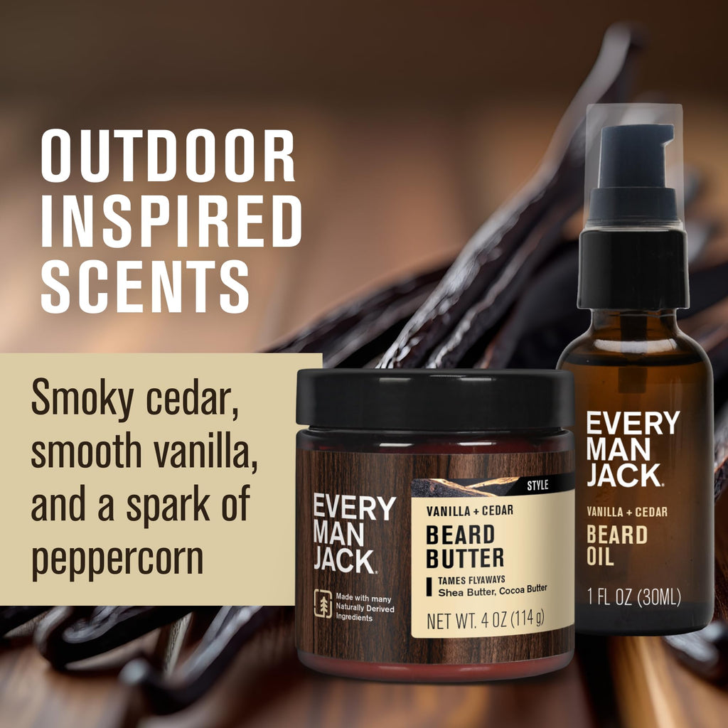 Every Man Jack Beard Oil & Scruff Softening Butter Bundle - Vanilla + Cedar Scent - Rejuvenates, Hydrates & Styles Dry Beards - Naturally Derived with Cocoa Butter and Shea Butter