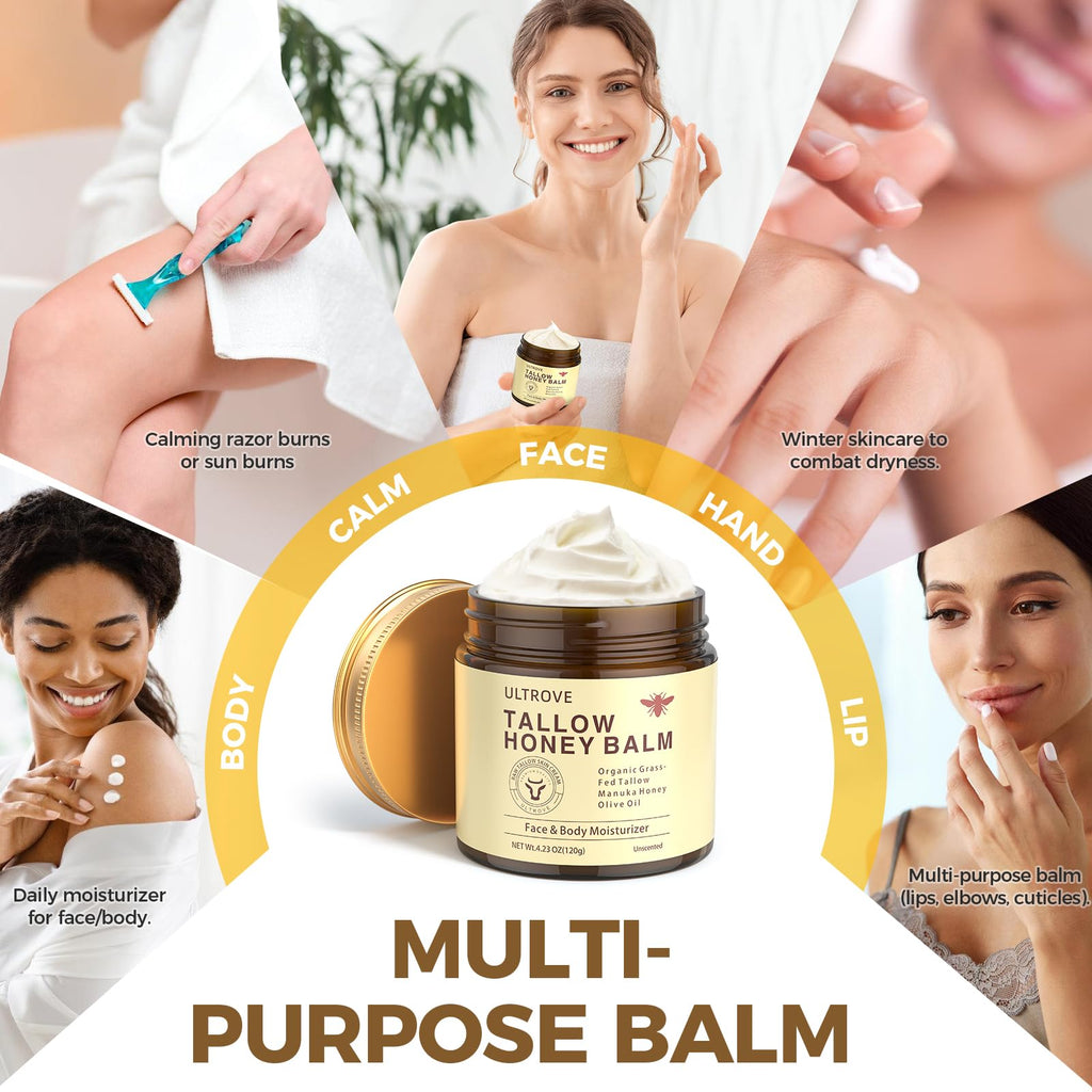 Ultrove Beef Tallow and Honey Balm for Skin, Natural Face + Body Moisturizer with Organic Grass-Fed Beef Tallow & Raw Wild Honey for Dry & Sensitive Skin, 4.23oz