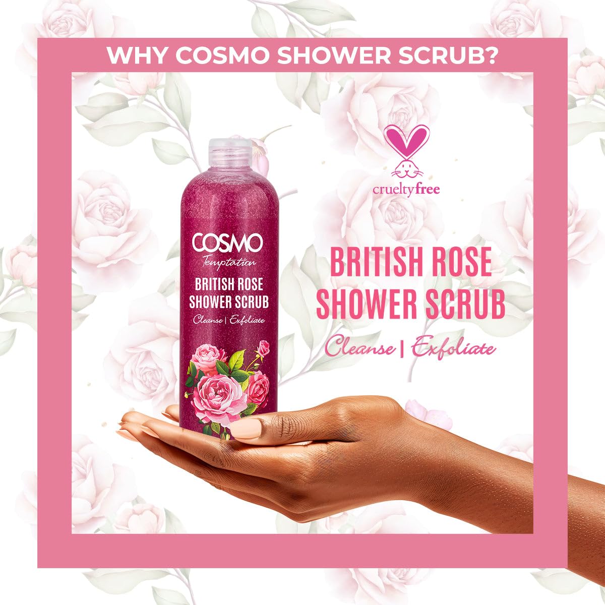 Cosmo Skin Care Temptation British Rose Shower Scrub 1000ml/33.81fl.oz, Body Cleansing, Skin Exfoliate, Remove Impurities & Dead Cells, Best Body Wash, Daily Use Shower Gel, All Skin Types