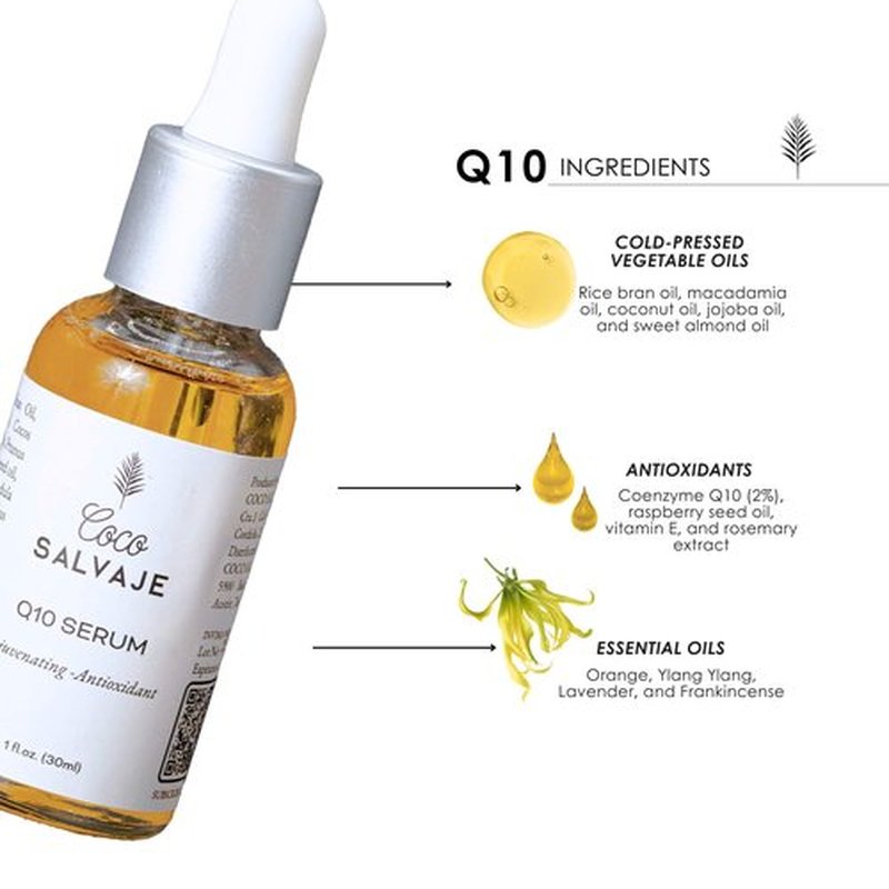 COCO SALVAJE Q10 Facial Serum | Antioxidant Wrinkle-Reducing COQ10 Vitamin E Serum for Brightening and Plumping Skin and Face | Hydrating Skin Care Oil for Women, Men, and Aging Skin | 1oz