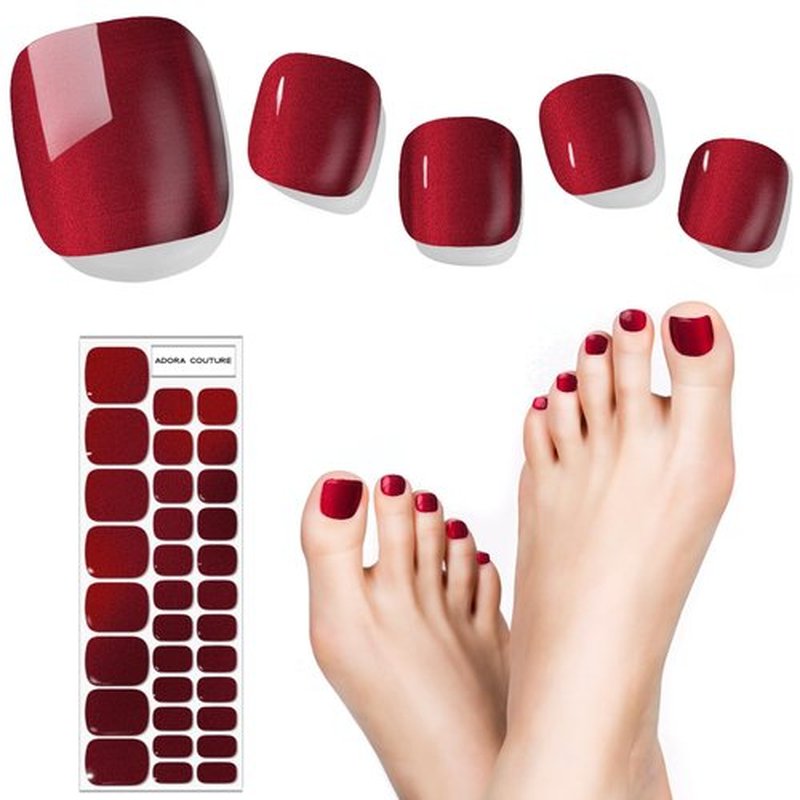 Semi Cured Gel Nail Strips – 32 Pcs Gel Pedicure Stickers - UV Nail Wraps for Toenails, Easy Application, Long Lasting, Salon Quality & UV Light Required - Red Wine P