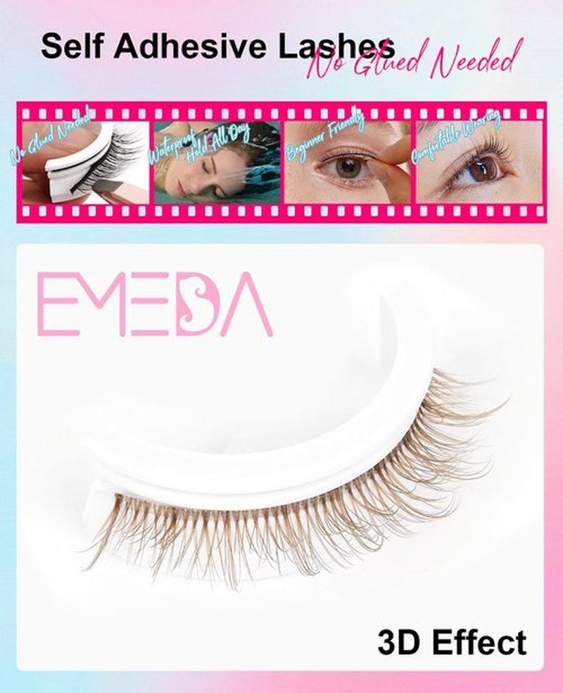 Brown Self Adhesive Eyelashes Preglued - Natural Look No Glue Eyelashes 10mm Natural Waterproof Glueless No Glue Needed Reusable Stick on False Strip Lashes by EMEDA (Brown 63)