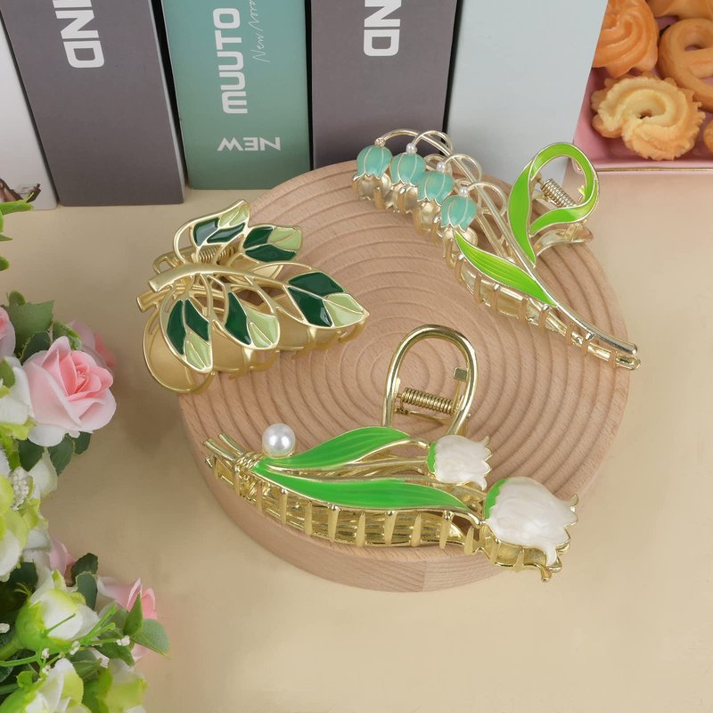 Yonchic 3-Piece Flower Metal Hair Accessories: White Tulips Hair Claw for Thin/Medium Hair, Blue Lily Hair Barrettes with Strong Hold Non-Slip Clamps