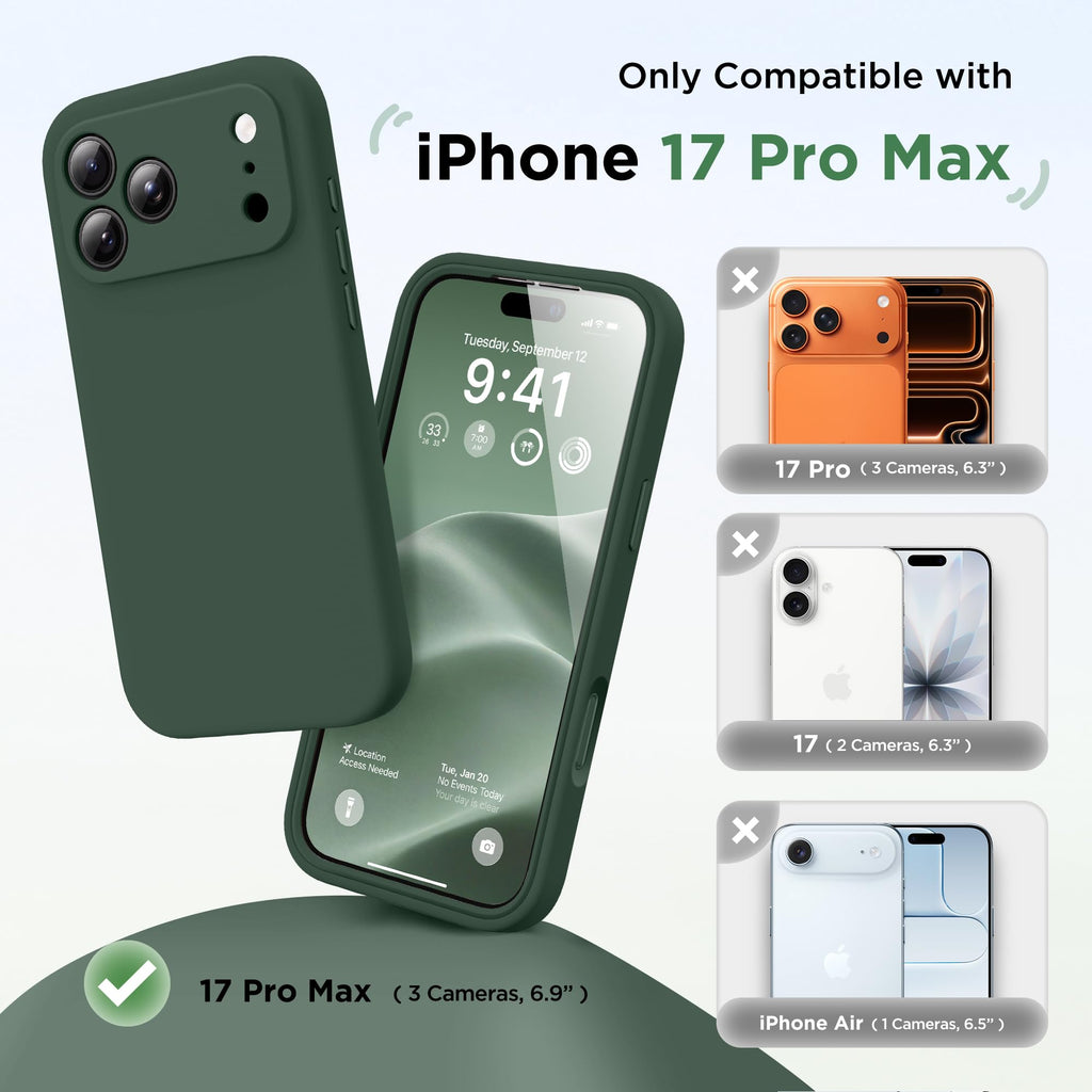 BERFY for iPhone 17 Pro Max Case, Compatible with MagSafe, Built-in Glass Screen Protector, Camera Protection, Shockproof Full Body Phone Case 6.9", Silicone Green