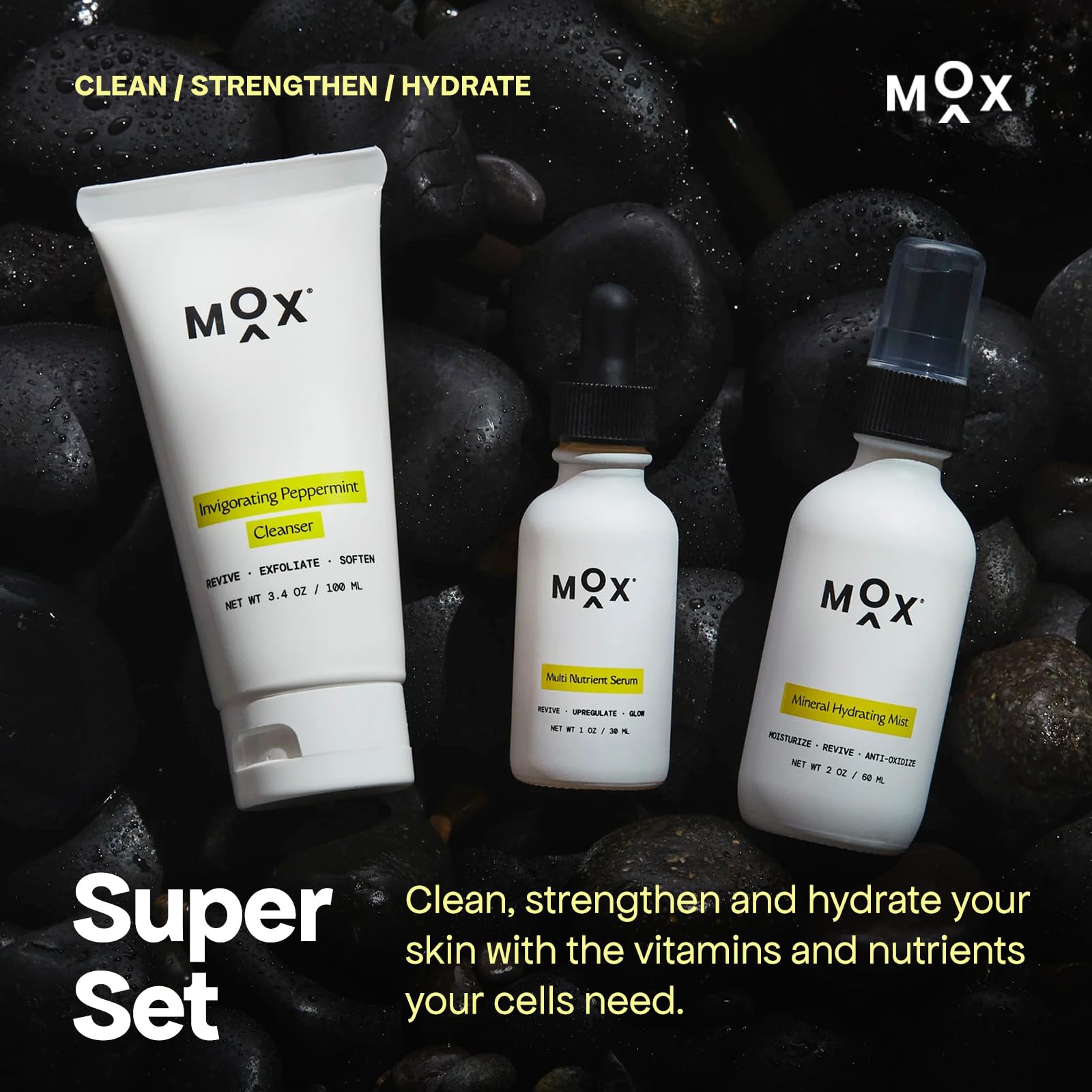Mox Skincare Super Set Face Care Kit (3pk) | Peppermint Face Cleanser + Multi Nutrient Serum + Mineral Hydrating Mist | Hydrate, Exfoliate, Glow.