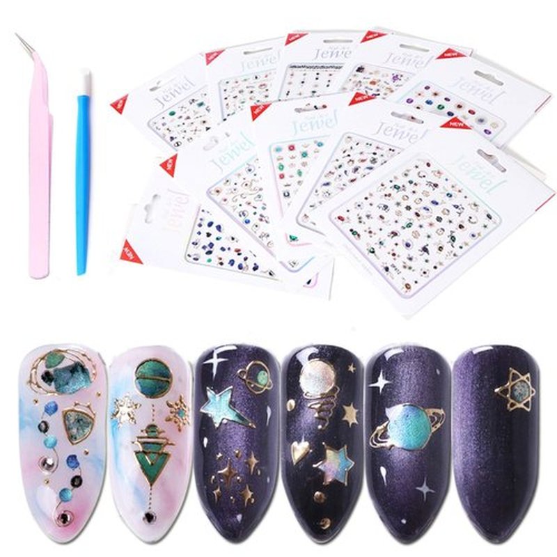 10 Sheets Luxury Nail Stickers for Girls - Stunning Gem Art in Multiple Crystal Bronzing Shapes,Colorful 3D Self-Adhesive Decals for DIY Nail Art with Tweezers and Pressing Stick Included