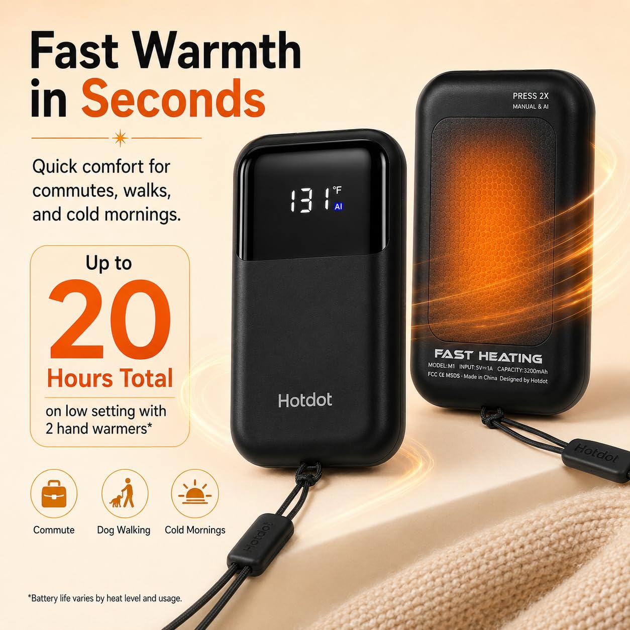 Rechargeable Hand Warmers 2 Pack, Electric Pocket Warmers with LED Temp & Battery Display, Smart Auto Pause, 4 Heat Levels 104-131°F, Fast Heating for Gloves, Camping Hiking, Gifts for Men Women